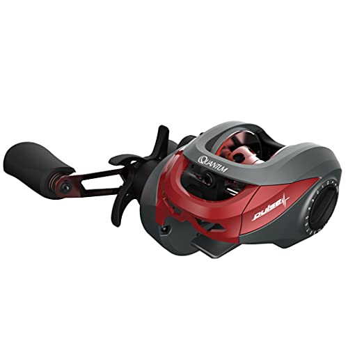 Quantum Pulse Baitcast Fishing Reel, Size 100 Reel, Right-Hand Retrieve, EVA Handle Knobs, Aluminum Skeletal Spool, 6.6:1 Gear Ratio, Lightweight Graphite Frame and Side Covers, Gray/Red