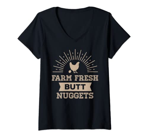 Womens Farm Fresh Butt Nuggets Funny Chicken Egg Poultry Farmer V-Neck T-Shirt