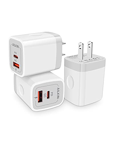 3Pack Dual Port USB-C Wall Plug-in USB Charger, AILKIN 20W Power Delivery + QC3.0 USB A Double Port Fast Charging Block for iPhone 15 14 13 12 Pro Max 14 Pro 12 Mini 11 Pro Max 14 Plus 11 SE X XS Cube
