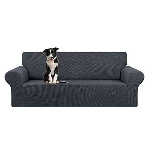 KEKUOU Stretch Oversized Sofa Slipcover 1 Piece Couch Sofa Cover (94'-110') Furniture Protector 4 Seater Sofa with Elastic Bottom for Kids,Pet.Jacquard Checked Pattern Fabric(X Large,Charcoal)