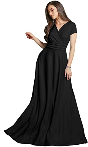 KOH KOH Plus Size Womens Long Cap Short Sleeve V-Neck Flowy Cocktail Slimming Summer Sexy Casual Formal Sun Sundress Work Cute Dressy Tall Gown Gowns Maxi Dress Dresses, Black XL 14-16