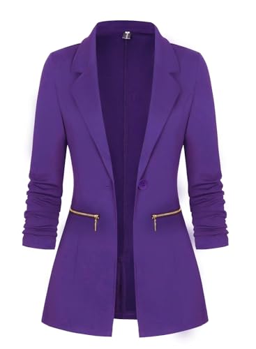Genhoo Women's Work Blazer Long Sleeve Open Front Blazer Jackets Outfit Suit with Zipper Pockets Purple Large
