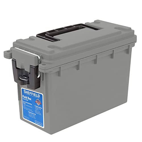 Sheffield 12628 Field Box, Pistol, Rifle, or Shotgun Ammo Storage Box, Tamper-Proof Locking Ammo Can, Water Resistant, Made in The U.S.A, Stackable, Gray