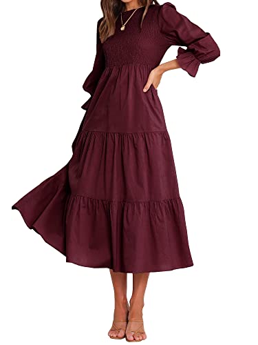 BTFBM Women Casual Long Sleeve Crew Neck Fall Dress Bohemian Relaxed Fit Floral Flowy Maxi Dresses Tiered Cocktail Dress(Solid Wine Red,Large)