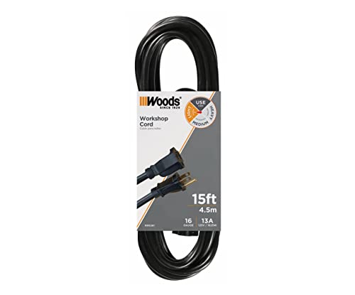 Woods 990261 16/3 SJTW 15-Foot General Purpose Black Extension; Tangle Free Light Duty Garage and Workshop Power Cord