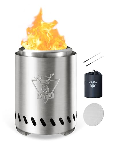 YEFU Tabletop Fire Pit 9.7 x 7.1 in, Low Smoke Camping Stove for Outdoor & Patio, Fueled by Pellets or Wood, Safe Burning Table Top Firepit, with Travel Bag & 2 Mini Sticks & Fireproof Mat, Silver