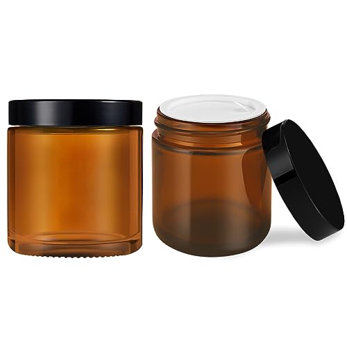 Small Glass Containers with Lids, Tecohouse 4 oz Amber Glass Jars with Black Lids & Inner Liners, Mini Travel Toiletries Container for Slime, Makeup, Cream, Lotion, Cosmetic - 2 pack