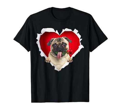 Pug Dog Rose Heart Valentines Day Couple Men Women T-Shirt