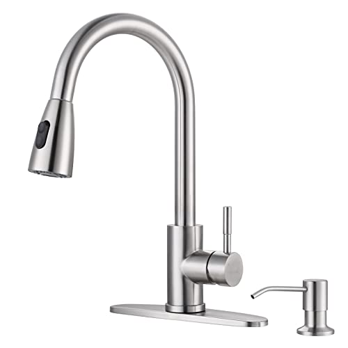 WOWOW Kitchen Sink Faucet with Soap Dispenser, Stainless Steel Pull Down Kitchen Faucet Brushed Nickel Utility Sink Faucet Single Handle High Arc Kitchen Tap for Sink, RV, Laundry, Bar