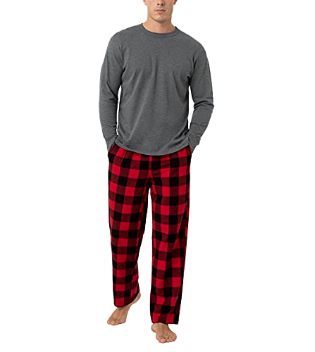 LAPASA Men's Pajama Set 100% Cotton Flannel Top Long Sleeve & Bottom Pants Plaid Sleepwear PJ Sleepwear Lounge Comfy M79 Large (Cotton Top+flannel Bottom) Black&red Plaid