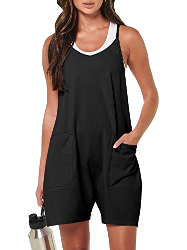 ANRABESS Women's Summer Casual Sleeveless Romper Loose Spaghetti Strap Shorts Overalls Jumpsuit with Pockets 2024 Clothes Black Large