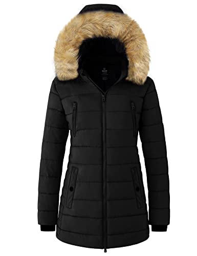 wantdo Women's Winter Warm Long Parka Coat Thicken Outerwear with Hood Black M