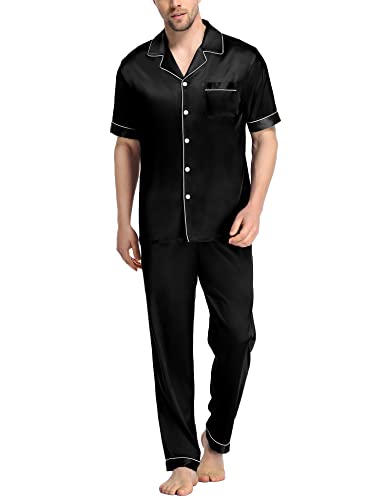 SWOMOG Men Silk Satin Pajamas Sets Short Sleeve Sleepwear Button-Down PJs Sets Two-Pieces Loungewear Soft Pajamas for Men Set Silk Classic Sleepwear Loungewear with Pockets (Black, Medium)