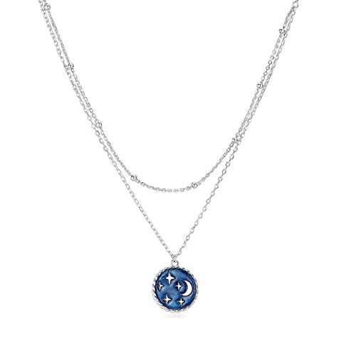 Presentski Coin Necklace Silver Crescent Moon Pendant Star Layered Choker Blue Starry Sky Beaded Chain Double Layer Necklaces for Women Little Girls