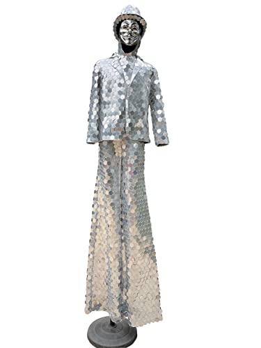Earthradius Handmade Silver Stilts Walker Mirror Man Show Costume Stage Dress Performance Costume Glass Cosplay Clothing Outfit (L)