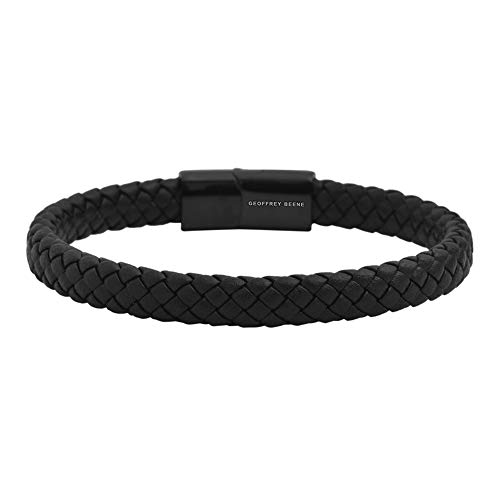 Geoffrey Beene Men's Braided Genuine Leather Bracelet with Stainless Steel Closure, Black