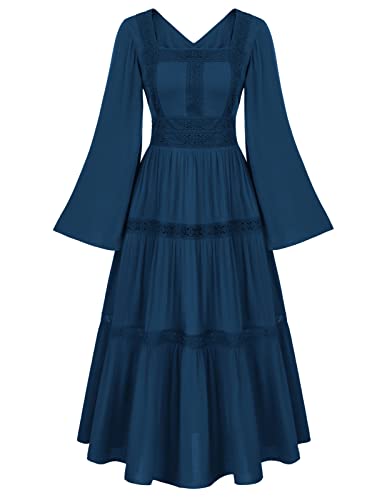Peasant Dress for Women Renaissance Dress Medieval Costume Bell Sleeves Square Neck Lace Tiered Maxi Dresses Navy Blue L