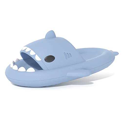 welltree Shark Slides for Women and Men Novelty Pillow Slippers Open Toe Shark Sandals Cushioned Cloud Slides,Blue,9-10 Women/7.5-8.5 Men