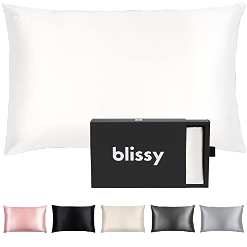 Blissy Silk Pillowcase - 100% Pure Mulberry Silk - 22 Momme 6A High-Grade Fibers - Silk Pillow Cover for Hair & Skin - Regular, Queen & King with Hidden Zipper (Standard, White)