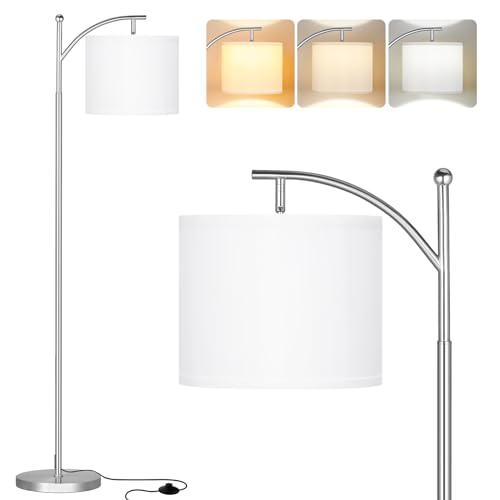 Ambimall Floor Lamps for Living Room with 3 Color Temperatures, Standing Lamp Silver with Adjustable White Shade, Tall Lamps for Living Room Bedroom Office Classroom Dorm Room, 9W Bulb Included