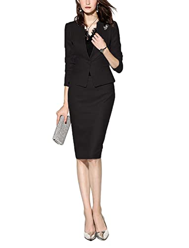 Suits for Women Business 2 Pieces Office Formal One Button Blazer Skirt Suit Set Black