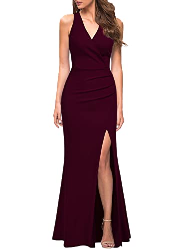 WOOSEA Women Sleeveless V Neck Bodycon Mermaid Split Evening Cocktail Long Dress Burgundy