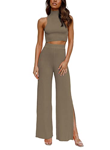 ARTFREE Womens 2 Piece Outfits Sets Casual Sweatsuits Streetwear, Ribbed Knit Palazzo Wide Leg Pants and Cropped Tops Camel S