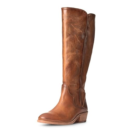 Frye Carson Piping Tall Boots for Women Made from Antiqued Pull-Up Leather with Western-Style Piping, Inside Zipper Closure, and Low Heel – 15' Shaft Height, Caramel - 8M