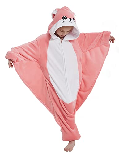 ABASACO Flying Squirrel Onesie Kids Plush Animal Costume One Piece Pajamas Girls Teen Halloween Cosplay Sleepwear Pink 8-9 Years