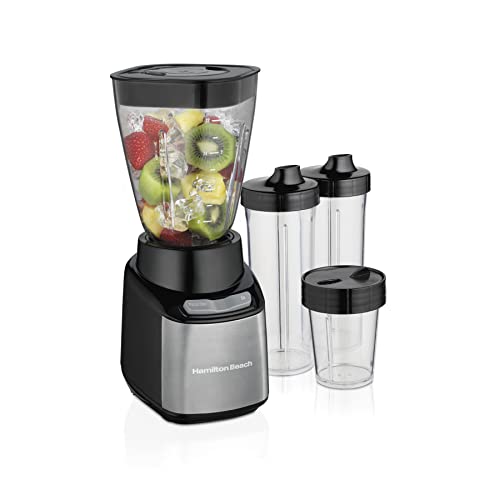 Hamilton Beach Stay or Go Blender for Shakes and Smoothies with 32oz Shatterproof Jar, 8oz Grinder for Nuts & Spices, 2 Portable Travel Cups with Lids, 650 Watts, BPA Free, Black and Silver (52400)