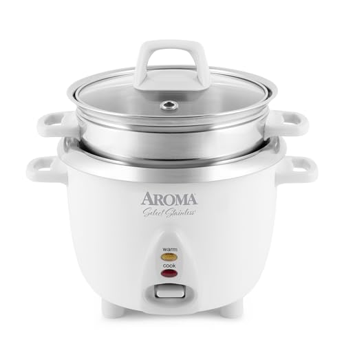 Aroma Housewares 6-Cup (Cooked yield ) / 1.2Qt. Select Stainless Pot-Style Rice Cooker, & Food Steamer, One-Touch Operation, White