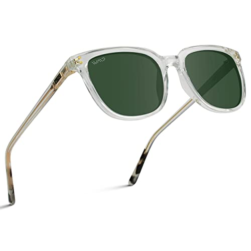 WearMe Pro Polarized Classic Retro Flat Square Unisex Sunglasses (Crystal Clear/Smoke Green Lens)