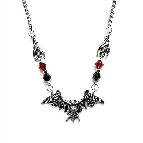 Vintage Gothic Bat Necklace Red Black Crystal Gem Bat Pendant Necklace Punk Hip Hop Style Black Bat Necklace Halloween Party Clothing Accessories for Women Teen Girls (Silver)