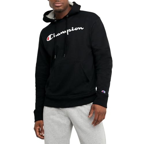 Champion Men's Hoodie, Powerblend, Fleece, Comfortable Sweatshirt for Men (Reg. or Big & Tall), Large, Black Script