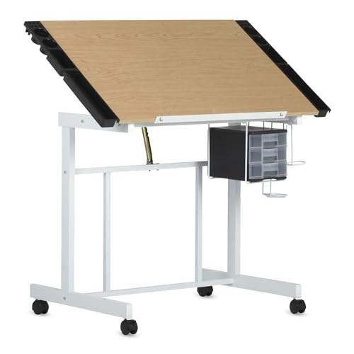 Studio Designs Deluxe Craft Station, Top Adjustable Drafting Table Craft Table Drawing Desk Hobby Table Writing Desk Studio Desk with Drawers, 36''W x 24''D, White / Maple
