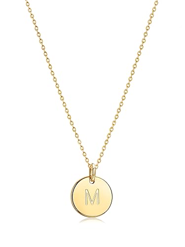 Bemoly Initial Necklace for Women Round 11MM Coin Disc Double Side Engraved Letter M Hammered Pendant 14K Gold Plated Personalized Alphabet Birthday Jewelry 17.5'