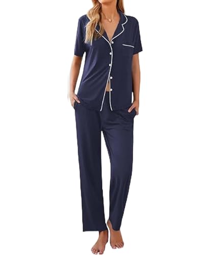 Ekouaer Pajamas Set Womens Button Up Nightwear Short Sleeve Sleepwear Soft Pj Lounge Sets with Pockets Blue Medium