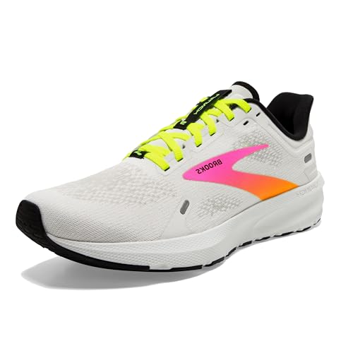 Brooks Men’s Launch 9 Neutral Running Shoe - White/Pink/Nightlife - 10.5 Medium