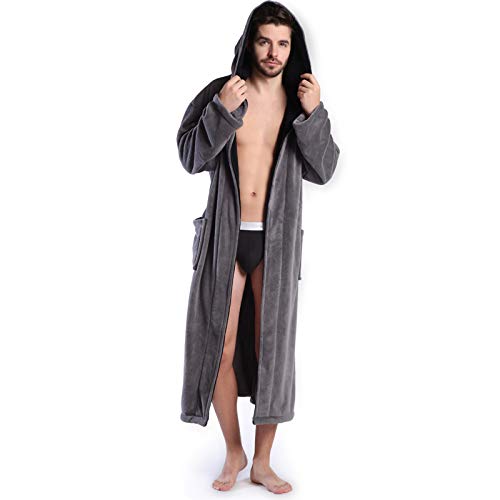 KEMUSI Hooded Men's Grey Soft Spa Long Bathrobe,Comfy Full Length Warm Nightdress (XL)