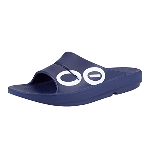 OOFOS OOahh Slide, Navy - Men’s Size 5, Women’s Size 7 - Lightweight Recovery Footwear - Reduces Stress on Feet, Joints & Back - Machine Washable