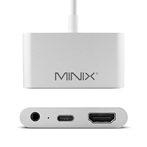 MINIX Type-C to 3.5mm Audio Headphone Jack Adapter with 4K @ 60Hz HDMI and USB-C PD Charging - Compatible with macOS, iPadOS, Android OS and Windows OS.（NEO C-HA (Silver)