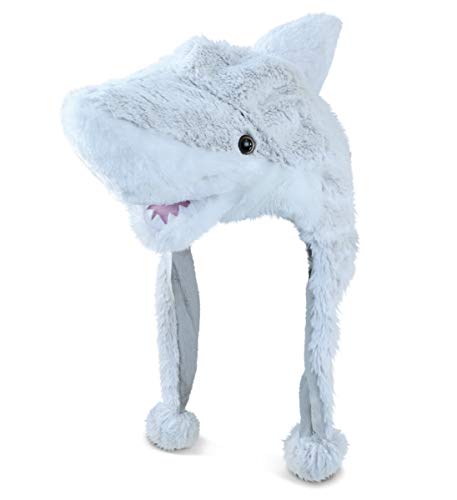 Puzzled DolliBu Gray Shark Plush Hat - Super Soft Warm Hat with Ear Flaps, Funny Plush Hat, Stuffed Animal Shark Costume Toy Hat, Cozy Fleece Winter Hat for Kids & Teens - One Size