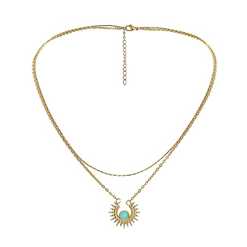 UniLogue Titanium Steel Gold Link Chain Necklace, Sun with Turquoise Pendant Female Necklace Jewelry Gift for Women Girls (Layered Chain Sun with Turquoise Pendant)