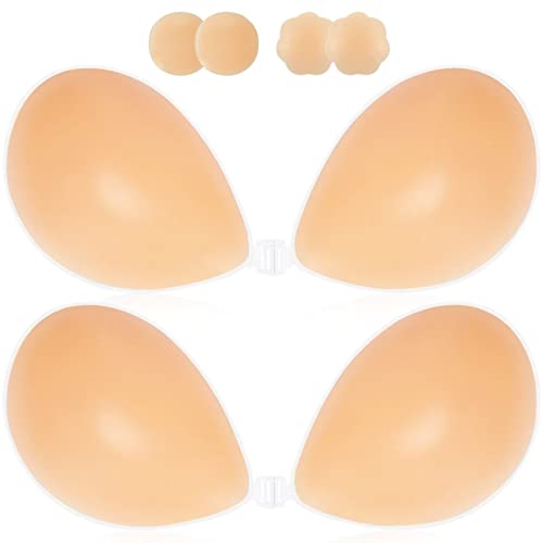 Adhesive Bra Sticky Bra Push Up 2 Pairs, Invisible Silicone Bra,Backless Strapless Bra for Large Breasts with Pasties Nipple Covers for Women（Creme+Creme/C）
