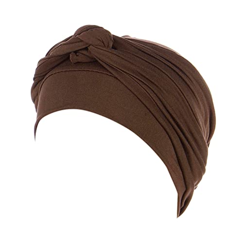 UANGKOU Satin Curling Rod Headband Stretch Turban Hats for Women Beaded Headscarf Twist Knot Beanie Cap Hair wrap Pretied for Black Women Crystal Headband, Coffee