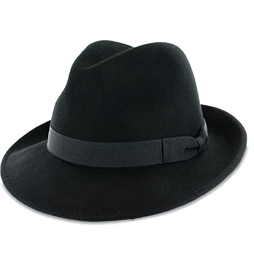 Belfry Crushable Dress Fedora Men's Vintage Style Hat 100% Pure Wool in Black Blue Grey Pecan Brown and Striped Bands (XX-Large, Black)