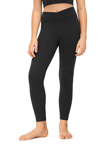 CRZ YOGA Girls Butterluxe Crossover Athletic Leggings - High Waist V Cross Kids Lounge Pants Yoga Active Dance Running Tights Black Small
