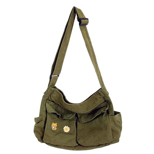 Canvas Messenger Bag Large Hobo Crossbody Bags with Multiple Pockets,School Vintage Shoulder Laptop Bag for Women and Men-Army Green