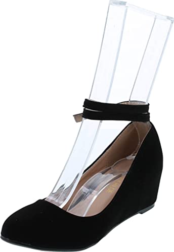 Chase & Chloe Womens Bobby-12 Round Toe Med Low Heel Wedge Pump,Black Nubuck,10