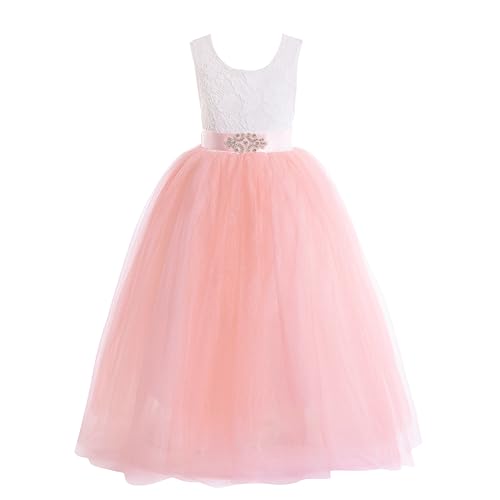 Glamulice Ivory Lace Flower Girls Dress Backless Kids Princess Party Dance Ball Gown Christmas Wedding Bohemian Little Girls Bridesmaid Pageant Birthday Tulle Puffy A line Maxi Dresses Blush Pink 4 5